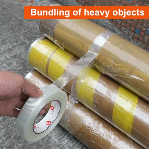 BOMEI PACK Mono Filament Tape,Strapping Tape,Fiberglass Filament Tape Transparent Reinforced Heavy Duty Packing Strips for Shipping Sealing Binding Fixing 1 inch x 55 Yards - size: 1 inch x 55 yards
