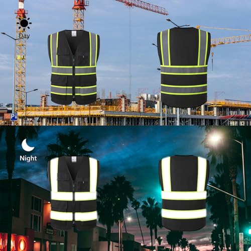 Reflective Safety Vest for Men Women High Visibility Vest with 8 Pockets and Front Zipper Mesh Reflective Vest (Black-07, Medium) - color: Black, size: Medium
