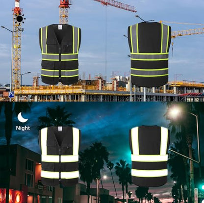 Reflective Safety Vest for Men Women High Visibility Vest with 8 Pockets and Front Zipper Mesh Reflective Vest (Black-07, Medium) - color: Black, size: Medium