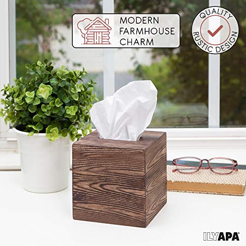Ilyapa Rustic Wood Tissue Box Cover, Square - Brown, Farmhouse - color: Rustic Brown, size: 5" Square
