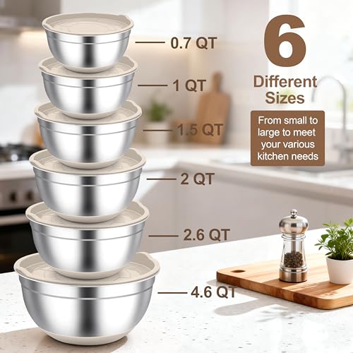 TeamFar Mixing Bowls, Stainless Steel Salad Bowls with Lids - Khaki - color: Khaki