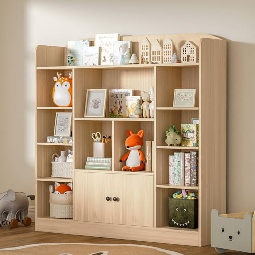 DIYART Oak Kids Bookshelf, Kids Bookcase with 11 Cubbies and 2 Cabinets, Freestanding Book Storage Shelves for Bedroom, Playroom, Hallway, 47.2" W x 48" H - color: Oak, size: 47"W x 48"H