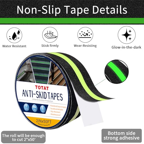 Glow in Dark Anti Slip Tape, 2" x50FT Heavy Duty Waterproof Safety Grip Tape for Stairs, Pool, Bathroom - Black & Glow Stripe Indoor/Outdoor Multi-Purpose Traction Tape - size: 2IN x 50FT