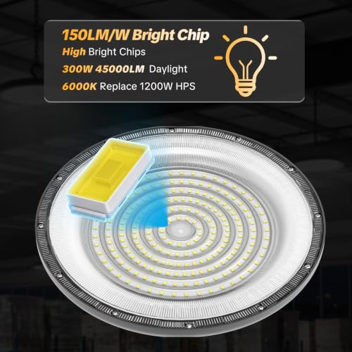 AIKVSXER 1Pack UFO LED High Bay Lights, 300W Shop Lights, 45000LM, 6000K