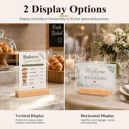 5x7 Acrylic Sign Holder with Wooden Base 4 Pack Adjustable Vertical/Tilt - color: Natural, size: 5"x7"