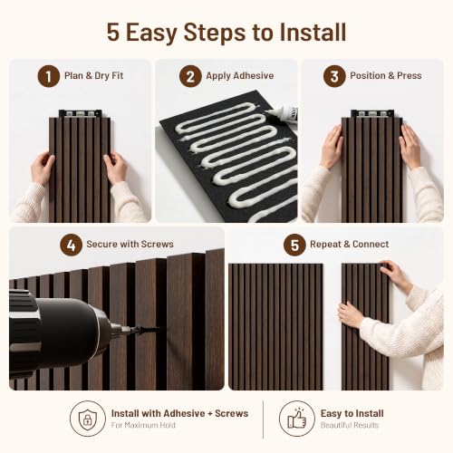 Amsleekey 4-Pack 108″x11″ Acoustic Wood Wall Panels, 8 Hooks, Dark Walnut - color: Dark Walnut, size: 108 x 11 in - 4 pcs