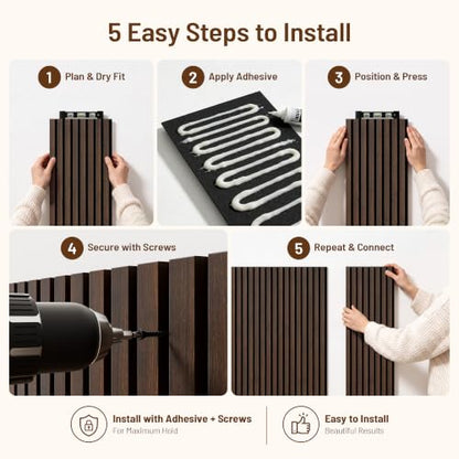 Amsleekey 4-Pack 108″x11″ Acoustic Wood Wall Panels, 8 Hooks, Dark Walnut - color: Dark Walnut, size: 108 x 11 in - 4 pcs