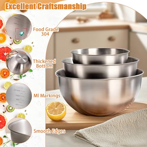 3 Pcs Stainless Steel Mixing Bowls Set, Metal Baking Bowls (1.5,2.2,3.4 Qt)