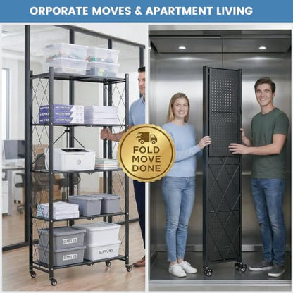 ALANNG 70.7" H Metal Storage Shelves, 5 Tier Folding Shelf on Wheels - color: Black