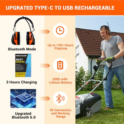 Bluetooth 6.0 AM FM Radio Headphone,Earmuff for Mowing,Construction - color: Orange