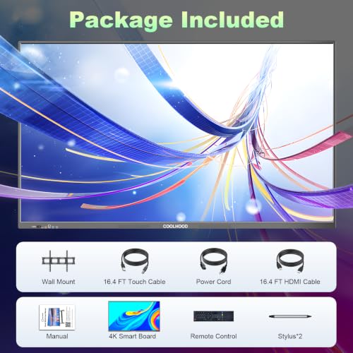 COOLHOOD 65" Smart Board, 4K UHD Touchscreen Interactive Digital Whiteboard Display, Electronic All-in-One Computer for Classroom Office Home Business w/Open App Ecosystem (Board & Wall Mount Only) - size: 65 Inch