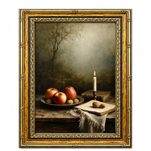Framed Vintage Still Life Wall Art - Apple Walnut Canvas Print Candle Book Poster Gallery Art Country Farmhouse Pastoral Kitchen Dining Room Wall Decoration 8x10 Inches Ready To Hang Or Tabletop