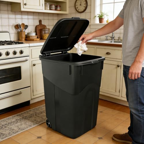 45 Gallon Wheeled Trash Can with Attached Lid, Heavy Duty Garbage Can