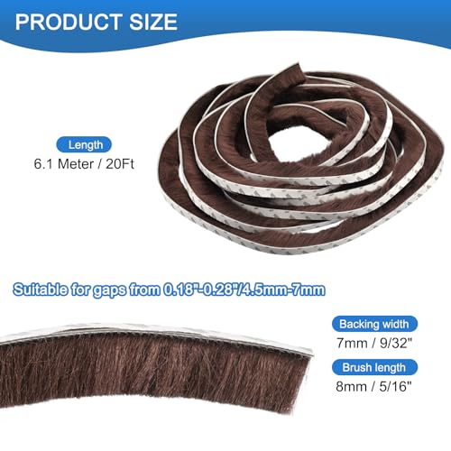 Brush Weather Stripping, 9/32" Backing x 5/16" Brush x 20ft Felt Pile Door Seal Strip for Sliding Door Window Wardrobe - Self-Adhesive Brown (Windproof Dustproof Soundproof)
