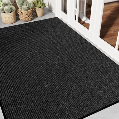 Front Door Mat 4' x 6', Low Profile Welcome Mat, Non-Slip Door Mat Outside Entrance, Resist Dirt Outdoor Mats, Heavy Duty Commercial Floor Mat for Entryway Indoor Outdoor, Black 1-Pack - color: Black Striped, size: 4' x 6'