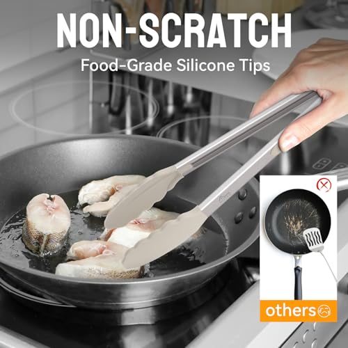 HOTEC Stainless Steel Kitchen Tongs with Silicone Tips, Set of 3-7",9" &12" - color: Khaki:12+9+7inch