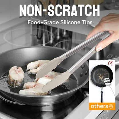 HOTEC Stainless Steel Kitchen Tongs with Silicone Tips, Set of 3-7",9" &12" - color: Khaki:12+9+7inch