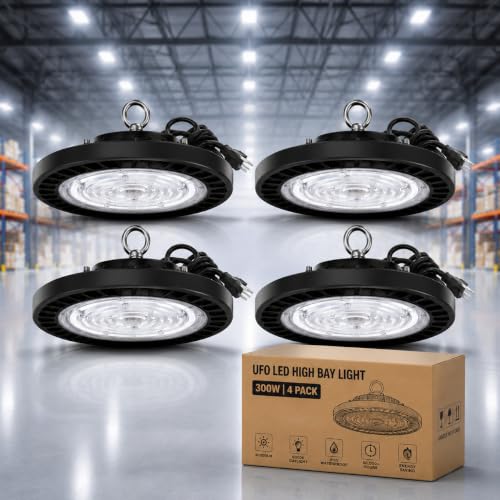 300W-4Pack UFO LED High Bay Light,30000lm 6000K Daylight 2000W Equivalent with US Plug Cable LED Garage Lights Commercial Warehouse Area Light Workshop Garage Factory Lowbay Area Lighting - color: 300W-4Pack