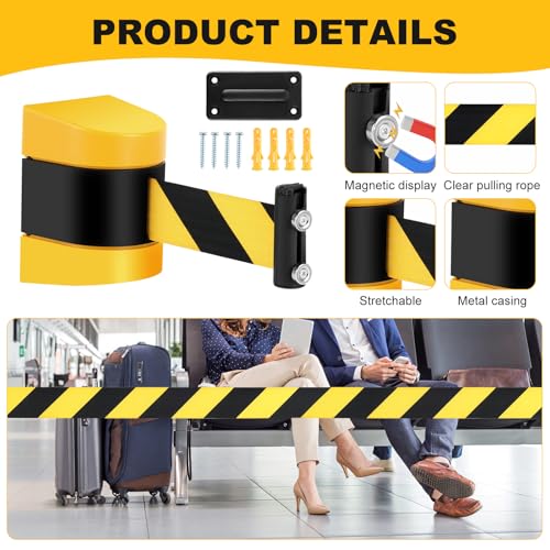 2 Pcs 16.4 ft Magnetic Wall Mount Retractable Belt Barrier, Yellow - size: Black Yellow Rope
