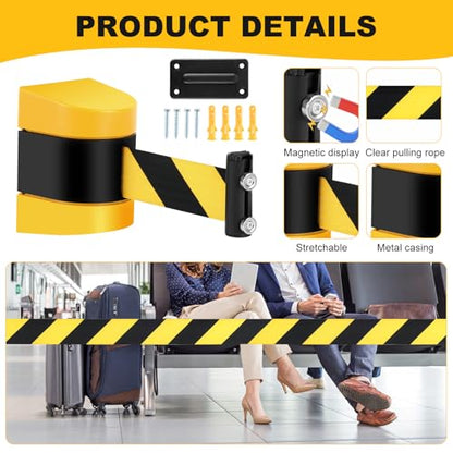 2 Pcs 16.4 ft Magnetic Wall Mount Retractable Belt Barrier, Yellow - size: Black Yellow Rope