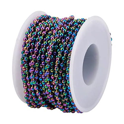 Craftdady Rainbow Steel Ball Bead Chain 32 Feet 3 mm Multicolor Round Beaded Link Cable Chains with Roll Spool for Necklace Choker Bracelet Earring Jewelry Making - color: Multi-Color