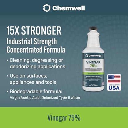 Chemwell 75% Vinegar (32 fl oz) - General Purpose All-Natural Multi-Surface Cleaner for Home, Patio & Commercial - High Performance, Powerful Concentrated Acetic Acid - Made in USA - color: 75% - 32 fl oz