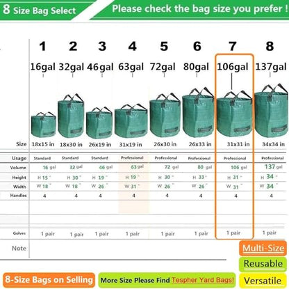 Professional 2-Pack 106 Gallon Large Lawn Garden Bags (D31,H31 inch) Yard Waste Bag with Gardening Gloves for Big Leaf Bag,Yard Debris,Garden Trash Container,Lawn Grass Clippings,Weeds Bags 4 Handles
