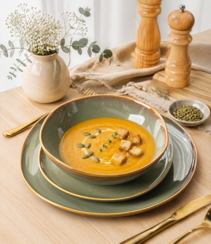 TheTerra Ceramic Dinnerware Set for 4, 12-Piece Plates and Bowls Set - color: Sage Umber