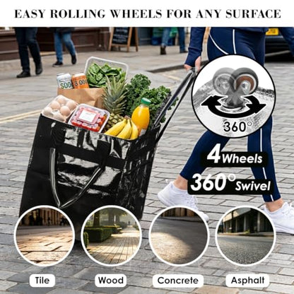 Reusable Grocery Bag on 4 Swivel Wheels, 60L Large Rolling Tote Bag - color: Black