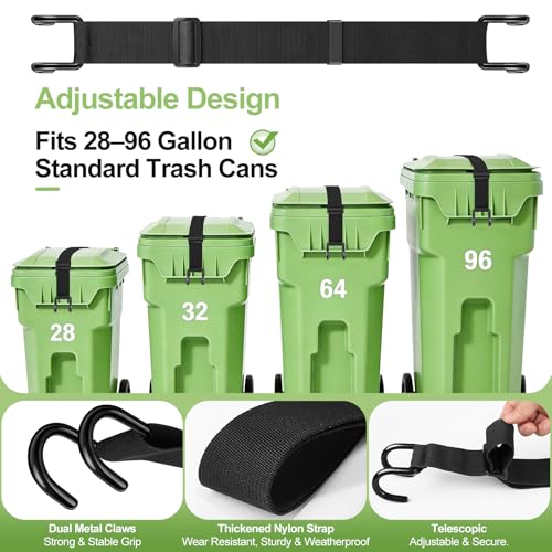 Trash Can Lid Lock Strap for Raccoons & Animals, Outdoor Garbage Can Lock with Double-Claw Hooks, Adjustable for 28-96 Gallon Bins, Windproof