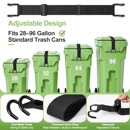 Trash Can Lid Lock Strap for Raccoons & Animals, Outdoor Garbage Can Lock with Double-Claw Hooks, Adjustable for 28-96 Gallon Bins, Windproof