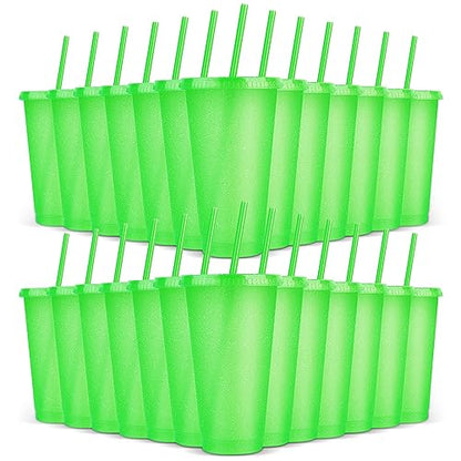 24 Pack Plastic Tumblers With Lids and Straws, Reusable Colorful Cups for Parties, Birthdays, Iced Coffee, Travel Mug, Cold Drinks (24 oz, Green) - color: Green-24pcs