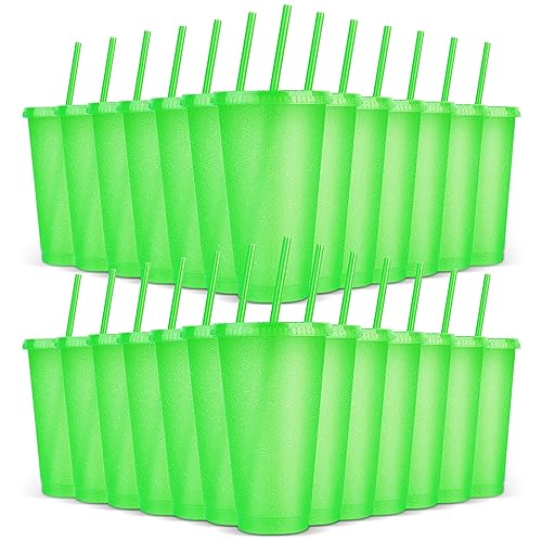 24 Pack Plastic Tumblers With Lids and Straws, Reusable Colorful Cups for Parties, Birthdays, Iced Coffee, Travel Mug, Cold Drinks (24 oz, Green) - color: Green-24pcs