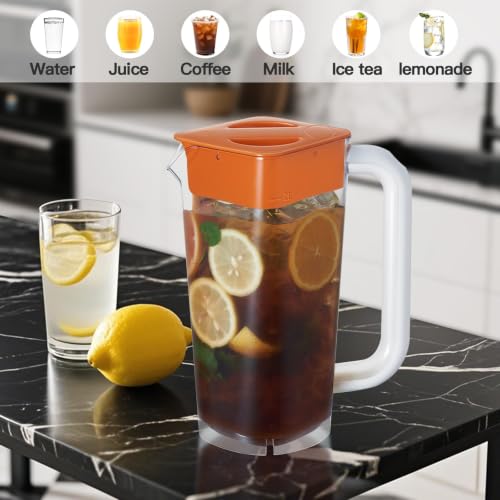 CURTA 1 Pack 2 Liters/68 oz Plastic Pitcher with Lid & Handle for Kitchen,ICED JUICE and Coffee Carafe Beverage Serveware, Acrylic Water Jug for Hot/Cold Drinks&lemonade - color: Orange