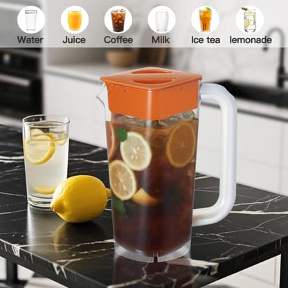 CURTA 1 Pack 2 Liters/68 oz Plastic Pitcher with Lid & Handle for Kitchen,ICED JUICE and Coffee Carafe Beverage Serveware, Acrylic Water Jug for Hot/Cold Drinks&lemonade - color: Orange