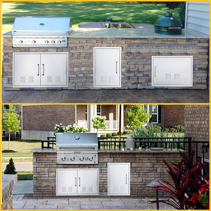 Outdoor Kitchen Doors, 36x21 Inch 304 Stainless Steel BBQ Access Door with Vent, Double Steel Doors for Outdoor Grill Island - size: 36W x 21H