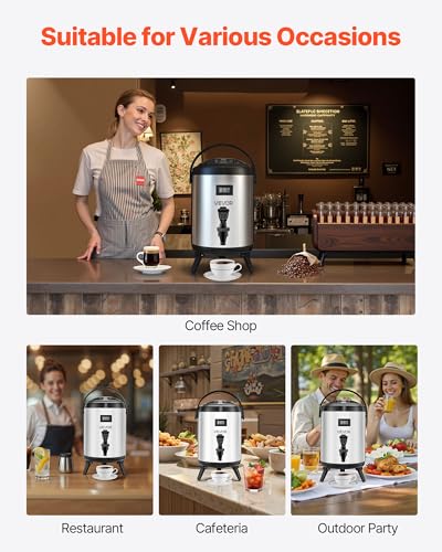 VEVOR Insulated Beverage Dispenser, 1.5 Gal/6L Stainless Steel Thermal Drink Server with Spigot & Temp Display, Suitable for Hot and Cold Drinks, for Tea Coffee Water in Cafes & Restaurants, Silver - size: 1.5 Gal (1 Pack)
