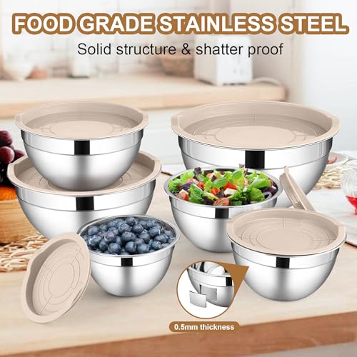 LIANYU 6 PCS Mixing Bowls with Lid Set, Size 7 & 3.5 & 2.5 & 2 & 1.5 & 1QT - color: Khaki, style: Atlas Base with Airtight Lids