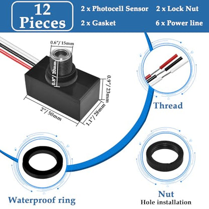 2Pcs Hard-Wired Post Eye Light Control Sensor, 100-277V Auto On/Off