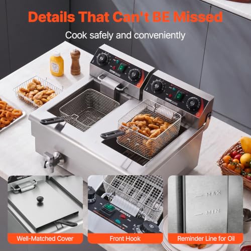 VEVOR Commercial Deep Fryer, Dual Tank 3000W Electric Countertop Fryer with Basket, 2 x 11.6Qt/11L Double Stainless Steel Oil Fryer with Drain, Time & Temp Control, for Kitchen Restaurant Use - size: Double Fryer, style: Upgraded with Timer & Oil Filtrati