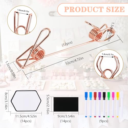 12 Pcs Metal Double Sided Sign Clips, Rose Gold Reusable label holders clips with 9 Colored Markers & 28 Laminated Erasable Cards for Table Numbers, Retail Display, Menu, Photo-Clip-On Sign Holders(Rose Gold) - color: Rose Gold