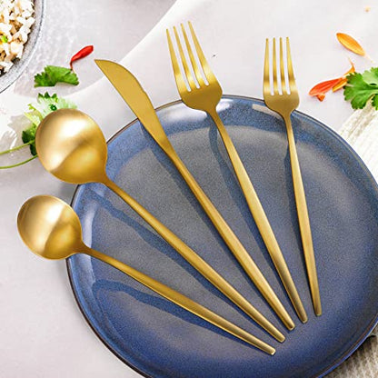 MIKIWAY 60-Piece Stainless Steel Flatware Set, Matte Golden Cutlery, Includes Spoons, Forks, Dishwasher Safe - color: Gold
