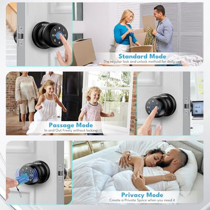 Smart Door Knob Fingerprint Lock 4-in-1 Keyless Entry (Fingerprint/App/Code/Key) Door with Auto-Lock Easy Install for Home/Bedroom/Office (Black 1) - color: Black 1