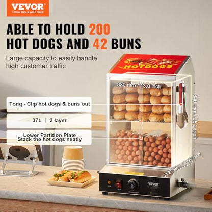 VEVOR Hot Dog Machine, 36 L, 2-Tier Hot Dog Steamer for 200 Hotdogs & 42 Buns, 1200W Electric Bun Warmer Cooker with Rotary Knob Temp Display - size: 2-Tier-38Qt