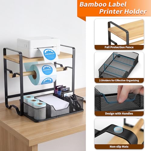 Label Holder for Thermal Printer - Sticker Roll Dispenser with Drawer - Shipping Lable Holder for Rolls and FanFold Labels - Thermal Printer Stand for Home, Office, Small Business (Bamboo-Black) - color: Black