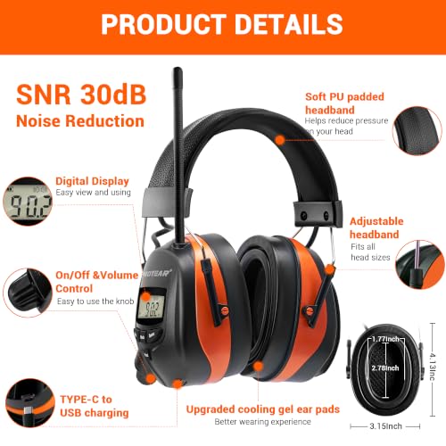 Bluetooth 6.0 AM FM Radio Headphone,Earmuff for Mowing,Construction - color: Orange