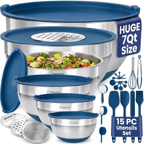 Priority Chef 6Pc Stainless Steel Mixing Bowls with Lids Set, Huge 7 Qrt Size Metal Bowl Set for Kitchen, 3 Graters, Non-Slip Bases & Silicone Utensils Set, Blue - color: Blue