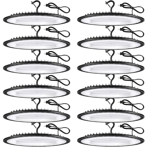 YANYCN 12 Pack 300W UFO Led High Bay Light Fixture,120VAC,5000K 45000LM Daylight Commercial Shop Bay Lighting,[1300W MH/HPS Equiv.] US Plug Area Lighting for Warehouse/Barn/Gym/Factory/Workshop - size: 300W 12pack UFO Led High Bay light