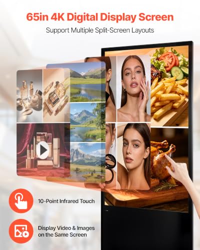 VEVOR 65 in Indoor Digital Signage 4K Floor Stand Advertising Display Kiosk, WiFi HDMI/USB Input Android OS, 178° Wide View, LCD Touchscreen Interactive Monitor, Mobile Commercial Totem Poster - size: 65"-Touchscreen