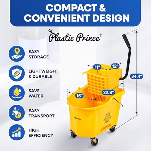 PLASTIC PRINCE Commercial Mop Bucket with Wringer on Wheels, Heavy Duty Industrial Mop Bucket and Wringer for Home Office Restaurant Business, 26 Quart - Yellow - style: 26-Quart Mop Bucket